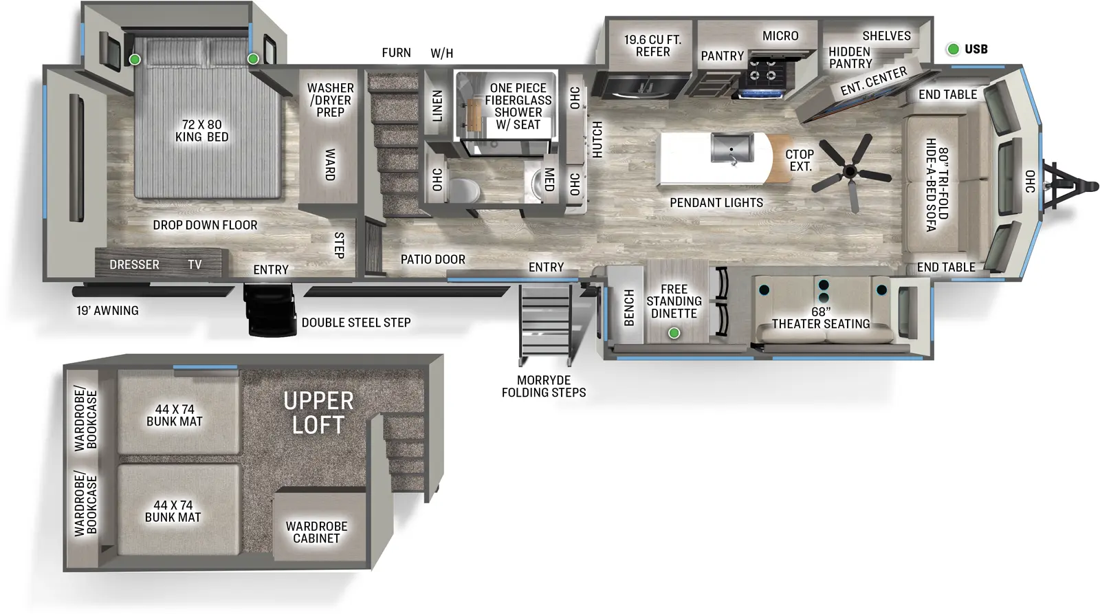 The Sandpiper Destination 399LOFT floorplan has two entries and three slide outs. Exterior features include: fiberglass exterior and 19' awning. Interiors features include: loft, kitchen island, free-standing dinette option, rear bedroom and front living.